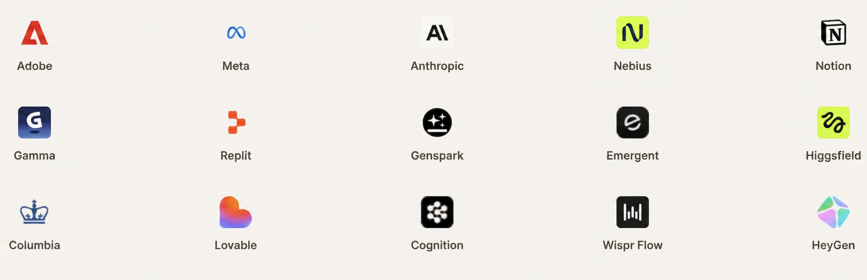 Logos of brands I've worked with: Adobe, Meta, Anthropic, Nebius, Notion, Gamma, Replit, Genspark, Emergent, Higgsfield, Columbia, Lovable, Cognition, Wispr Flow, HeyGen
